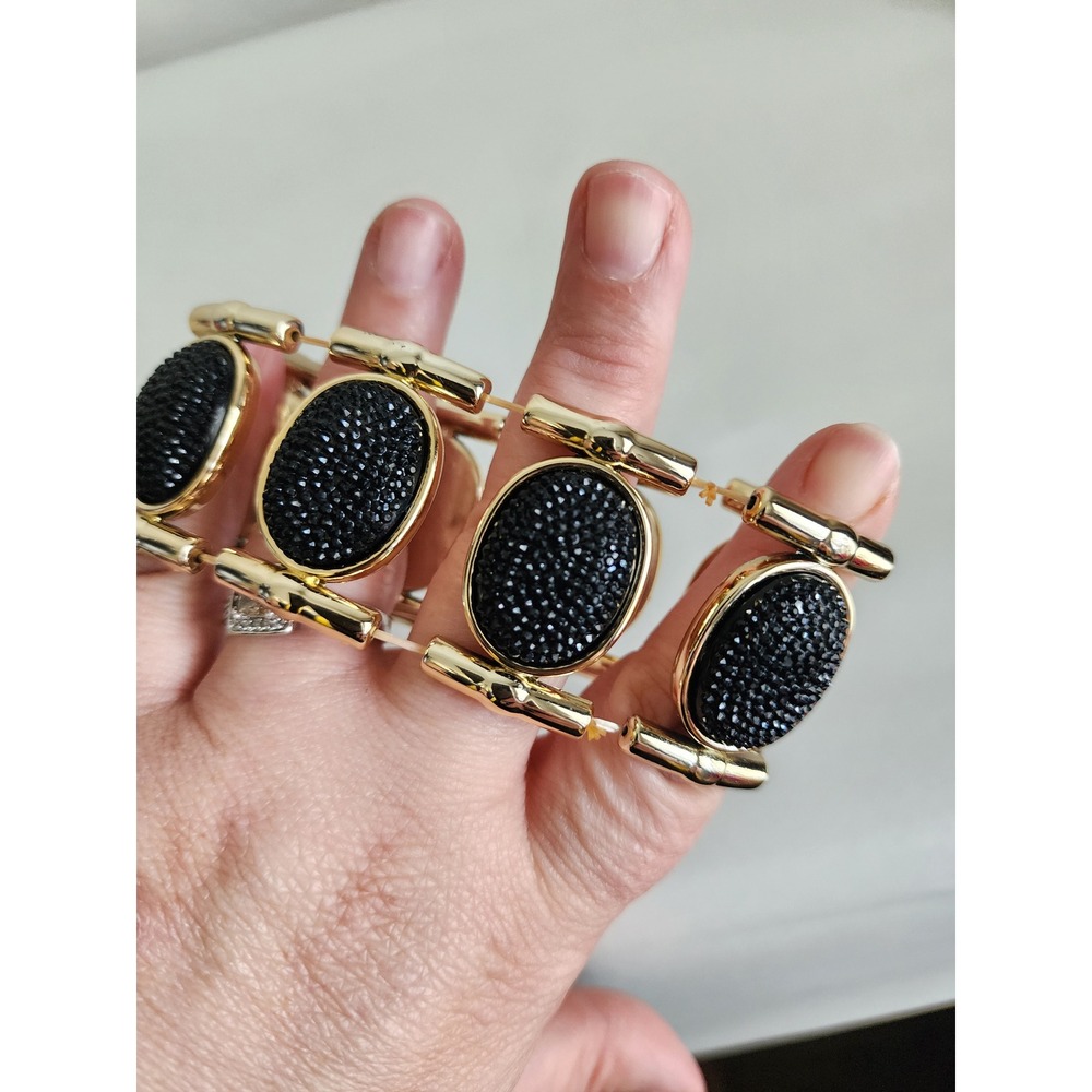 Gold Tone Black Micro Bead Oval Link Stretch Statement Bracelet